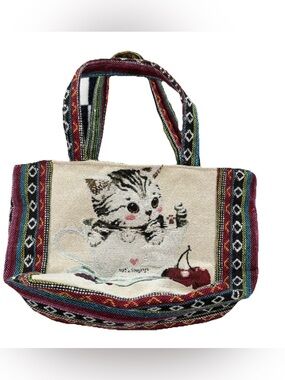 Kitten Cat Canvas Embroidered Purse Zipper Boho Vintage Tote Indie Y2K Cottage